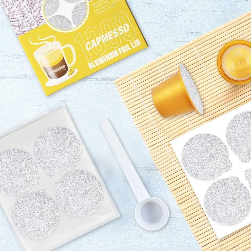 CAPMESSO Espresso Foils and Refillable Capsules-Seal Lids to Reusable Capsules Coffee Pod Compatible with Nespresso Original Line Machines (Silver -1000pcs Lids+6 pcs Pods) - Image 2